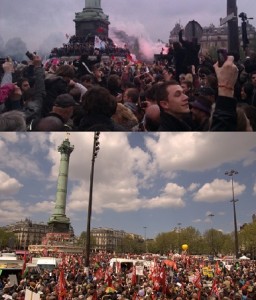 Le rassemblement (en bas) organisé par Jean-Luc Mélenchon se déroulait place de la Bastille près d'un an après les festivités célébrant l'élection de François Hollande (en haut). (Photos D.B. et A.S.)