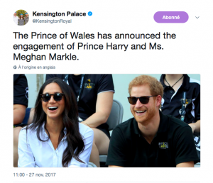 Tweet de Kensington Palace pour annoncer les fiançailles du couple